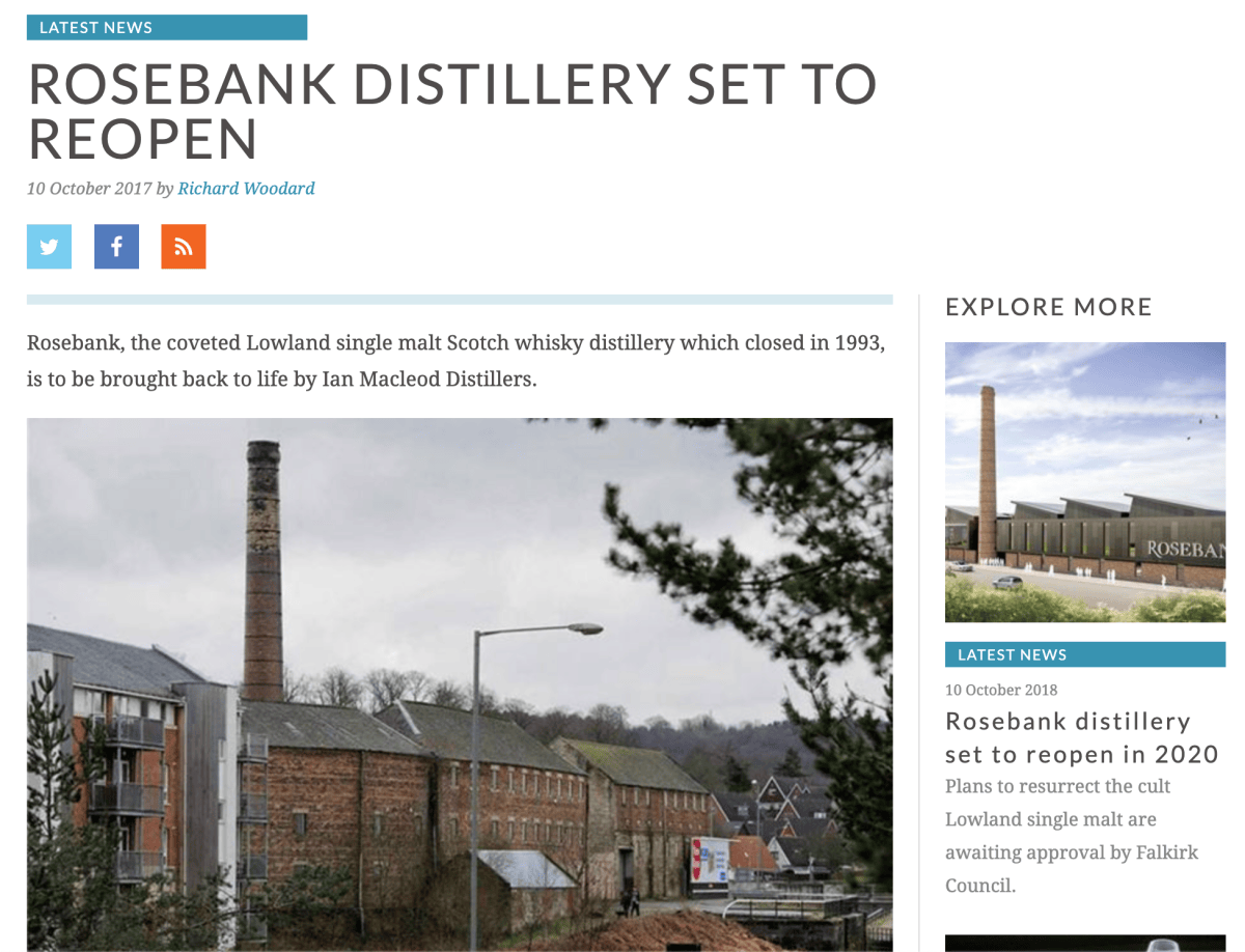 2017年10月份的重磅消息-- Ian Macleod Distillers不僅買下Rosebank，還將原址重建! (照片來源：scotchwhisky.com)